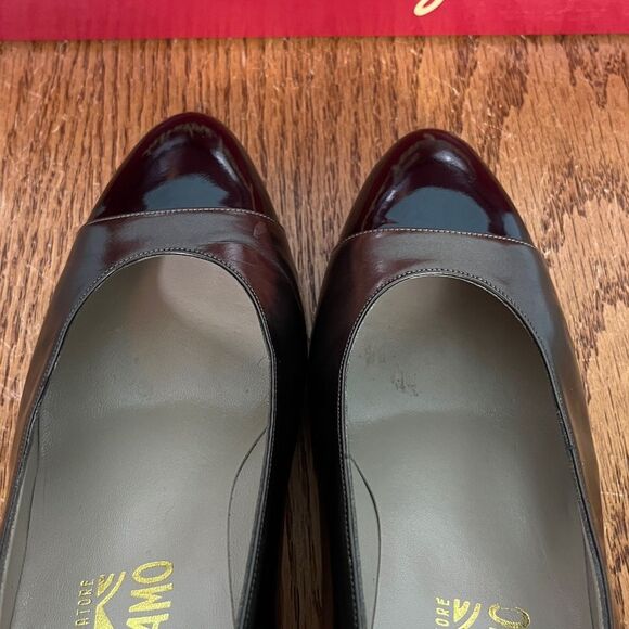 Salvatore Ferragamo 7.5 B 2-Tone Bronze & Black Patent Leather heels new - Picture 6 of 13